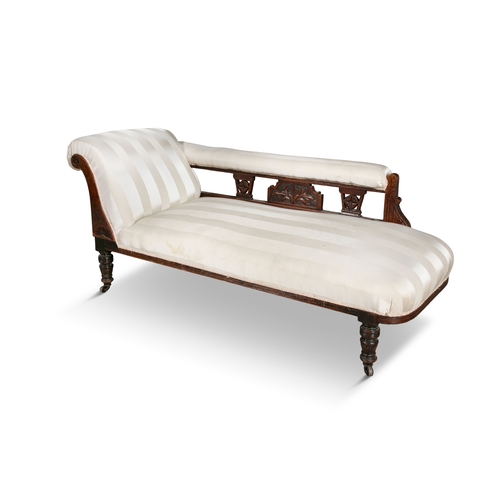 462 - A VICTORIAN MAHOGANY FRAMED SINGLE SCROLL END CHAISE LONGUE,  incised line decoration to the upright... 