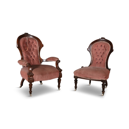 480 - VICTORIAN LADY AND GENTLEMANS CHAIRS,   each upholstered in salmon velvet fabric, raised on turned l... 