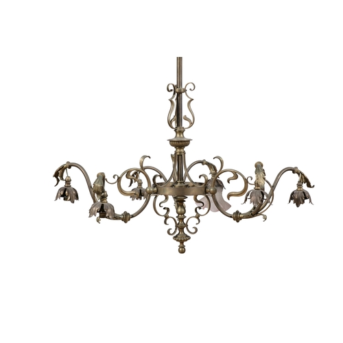 486 - AN EDWARDIAN BRASS SIX-LIGHT ELECTROLIER  the three scroll arms each fitted with pairs of leaf cast ... 