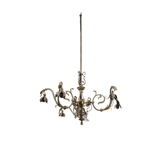 486 - AN EDWARDIAN BRASS SIX-LIGHT ELECTROLIER  the three scroll arms each fitted with pairs of leaf cast ... 