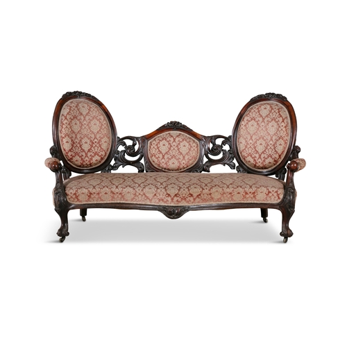 489 - A VICTORIAN MAHOGANY FRAMED COUCH,   With soft red fabric, 195cm wide