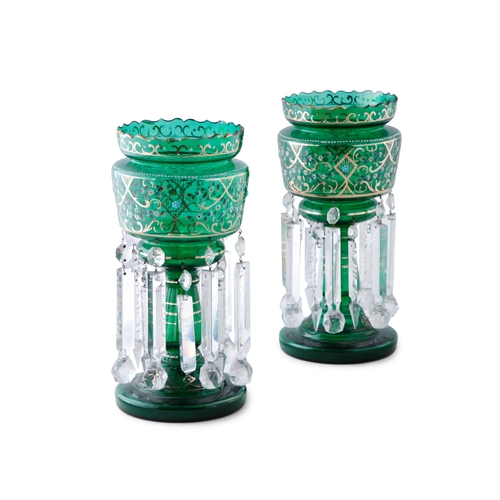 66 - A PAIR OF GREEN GLASS LUSTRE VASES,  hung with rows of icicle cut pendants, 36cm high, 16cm diameter