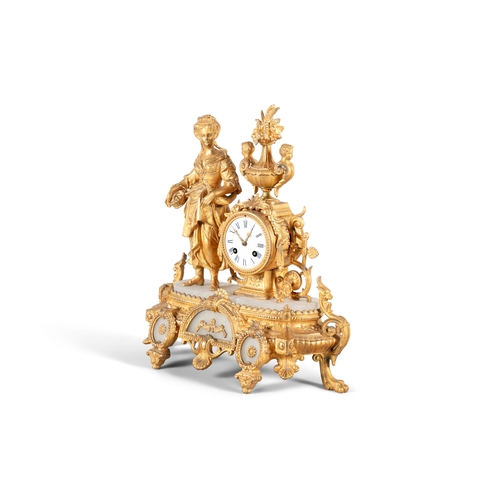 68 - A FRENCH GILT METAL AND ALABASTER FIGURAL MANTLE CLOCK, LATE 19TH CENTURY   modelled with a standing... 