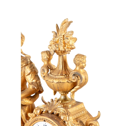 68 - A FRENCH GILT METAL AND ALABASTER FIGURAL MANTLE CLOCK, LATE 19TH CENTURY   modelled with a standing... 