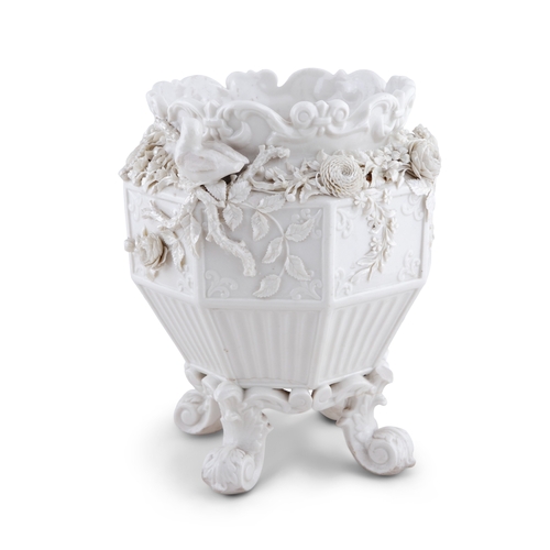 69 - A BELLEEK 2ND PERIOD JARDINIERE  applied with roses 30cm high; and another, unmarked (2)