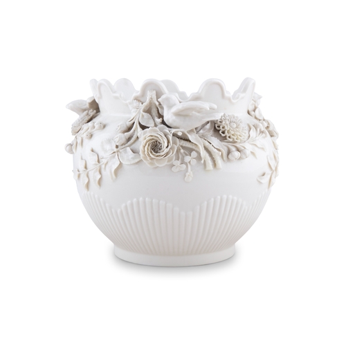 69 - A BELLEEK 2ND PERIOD JARDINIERE  applied with roses 30cm high; and another, unmarked (2)