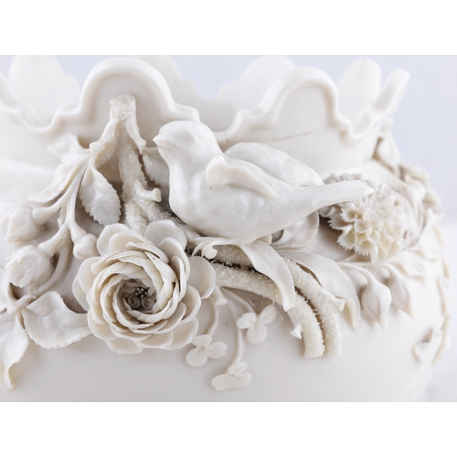 69 - A BELLEEK 2ND PERIOD JARDINIERE  applied with roses 30cm high; and another, unmarked (2)