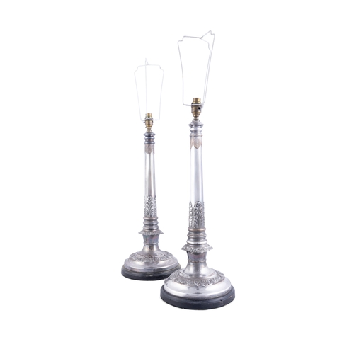 70 - A PAIR OF OLD SHEFFIELD SILVER PLATED TABLE LAMPS,  each column cast with acanthus leaves to top and... 