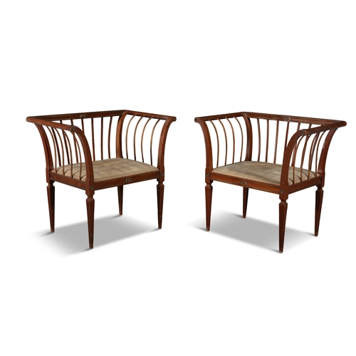 82 - A PAIR OF FRENCH MAHOGANY 'BASKET' CHAIRS, CIRCA 1900  of elegant design, with slatted back and out-... 