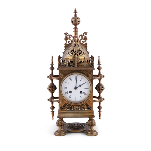 85 - A FRENCH GOTHIC REVIVAL BRASS CASED MANTLE CLOCK LATE 19TH CENTURY,   with pierced dome mount above ... 