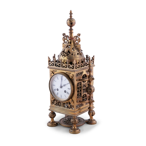 85 - A FRENCH GOTHIC REVIVAL BRASS CASED MANTLE CLOCK LATE 19TH CENTURY,   with pierced dome mount above ... 