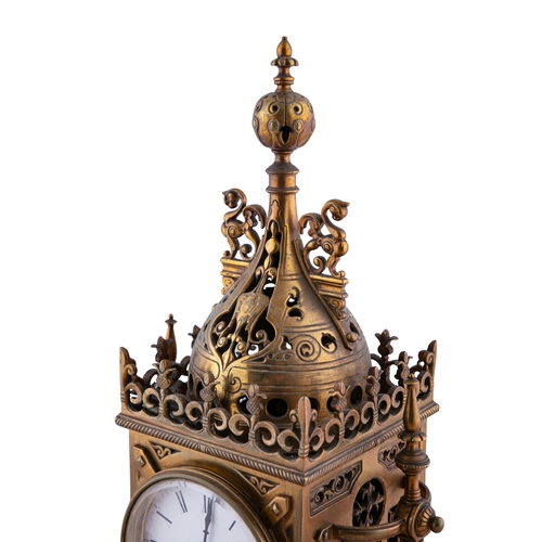 85 - A FRENCH GOTHIC REVIVAL BRASS CASED MANTLE CLOCK LATE 19TH CENTURY,   with pierced dome mount above ... 