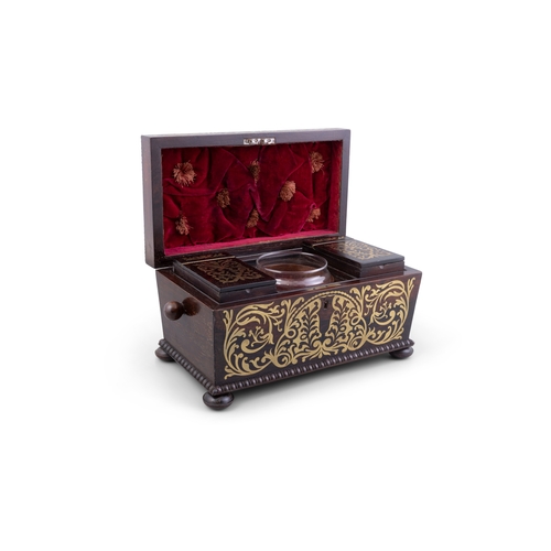 20 - A REGENCY BRASS INLAID ROSEWOOD RECTANGULAR TEA CADDY,   with flat domed lid enclosing a fitted inte... 