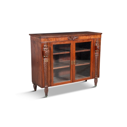 22 - A WILLIAM IV MAHOGANY AND ROSEWOOD BANDED RECTANGULAR SIDE CABINET,  with twin glazed doors and spir... 