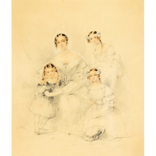 32 - EDWARD HAYES RHA (1797-1864)  Portrait of a Mother and Her Three Daughters Signed Watercolour over p... 