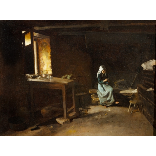 44 - CONTINENTAL SCHOOL  Cottage Interior with a Young Woman Knitting  Oil on canvas, 30.5 x 40.5cm