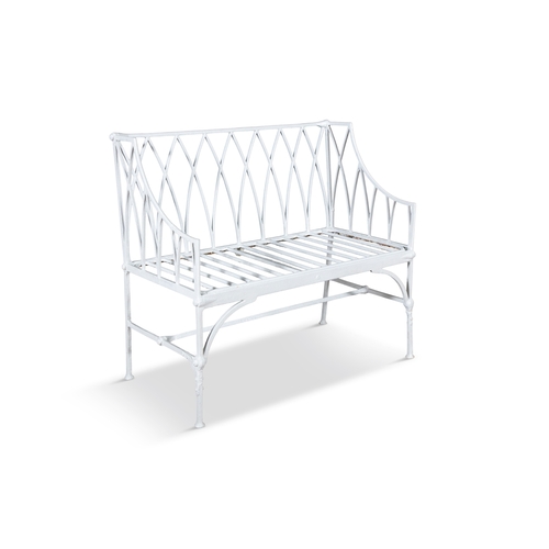 5 - A VICTORIAN CAST-IRON GARDEN SEAT,  with trellis back, slatted seat. 103cm wide