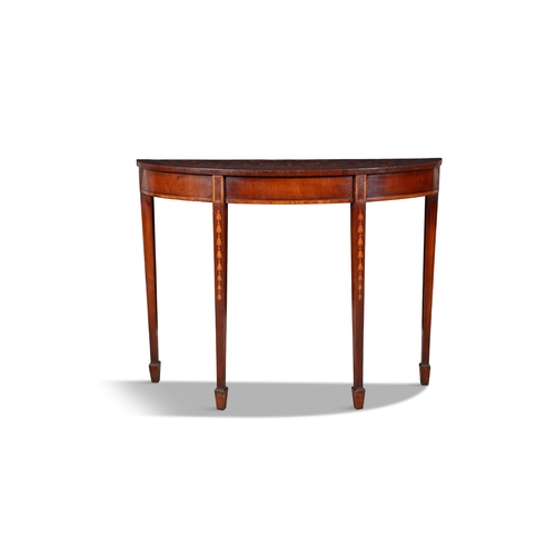 500 - A GEORGE III STYLE SATINWOOD INLAID MAHOGANY DEMI-LUNE SIDE TABLE,  with boxwood and ebony stringing... 