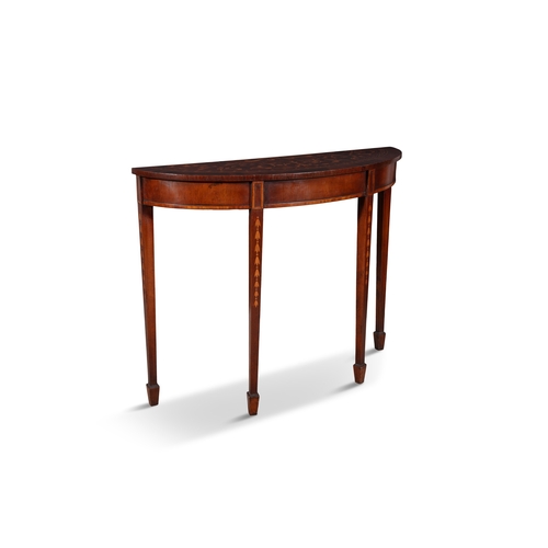 500 - A GEORGE III STYLE SATINWOOD INLAID MAHOGANY DEMI-LUNE SIDE TABLE,  with boxwood and ebony stringing... 