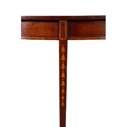 500 - A GEORGE III STYLE SATINWOOD INLAID MAHOGANY DEMI-LUNE SIDE TABLE,  with boxwood and ebony stringing... 