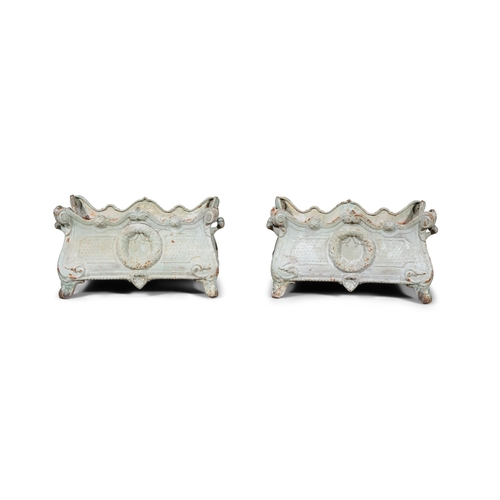 7 - A PAIR OF RECTANGULAR GREY PAINTED CAST IRON GARDEN PLANTERS 19TH CENTURY  of oblong waisted form, e... 