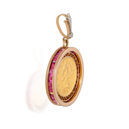 10 - A RUBY COIN PENDANT  Centring a 22K gold American coin dated 1896, within an knife-wire gold frame, ... 