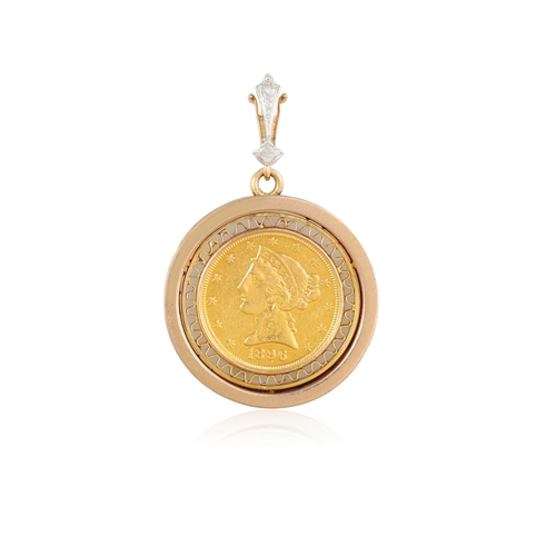 10 - A RUBY COIN PENDANT  Centring a 22K gold American coin dated 1896, within an knife-wire gold frame, ... 