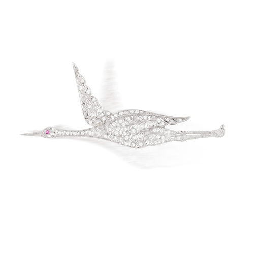 16A - AN EARLY 20TH CENTURY DIAMOND AND RUBY BROOCH   Designed as a heron in flight, set throughout with s... 