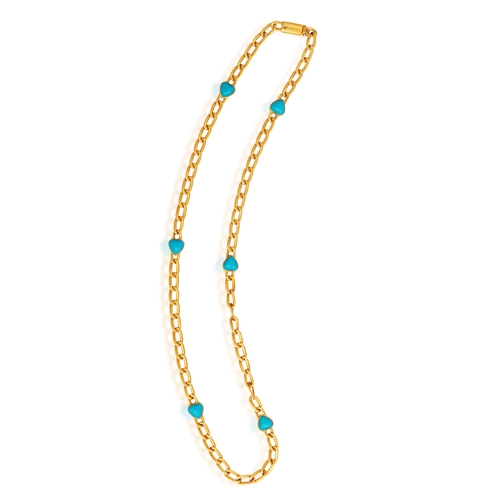 232 - A TURQUOISE NECKLACE  The curb-link chain necklace, interspersed with six collet-set heart-shaped tu... 