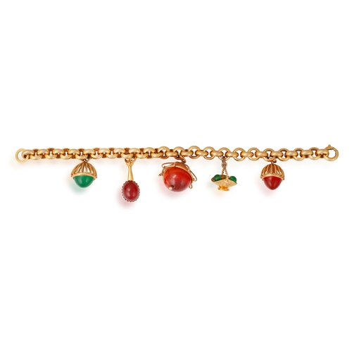 3 - A GOLD AND CHALCEDONY CHARM BRACELET  The cable-chain suspending five charms, two of openwork dome-s... 