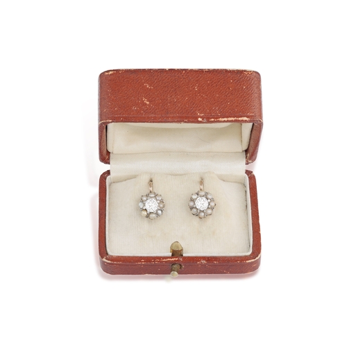 35 - A PAIR OF DIAMOND AND SEED PEARL EARRINGS  Each of cluster design, set to the centre with an old Eur... 