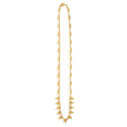 36 - AN EARLY 20TH CENTURY GOLD NECKLACE, FRENCH  The fancy-link chain with filigree detailing, in 18K go... 