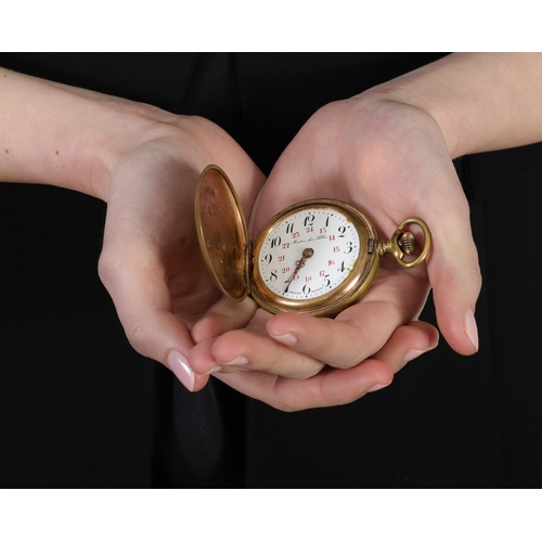 42 - MONTRES DES ALLIÉS: A YELLOW METAL POCKET WATCH  White circular dial with Arabic numerals, Swiss mad... 