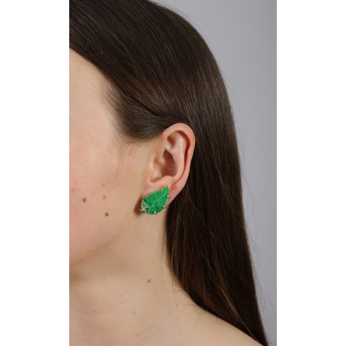 6 - A PAIR OF JADEITE AND DIAMOND EARCLIPS  Each designed as a carved jadeite leaf, enhanced with single... 