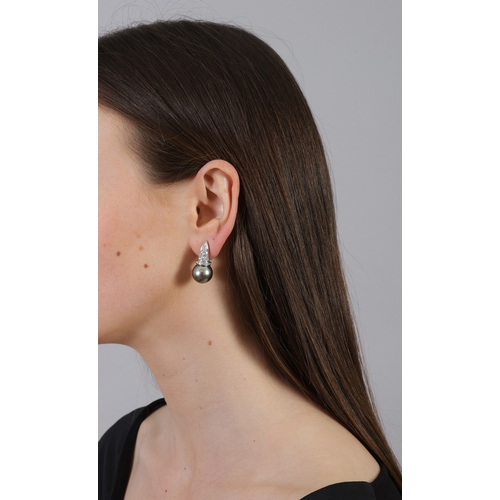 68 - A PAIR OF CULTURED PEARL AND DIAMOND EARRINGS  Each set with a round-shaped cultured pearl of grey t... 