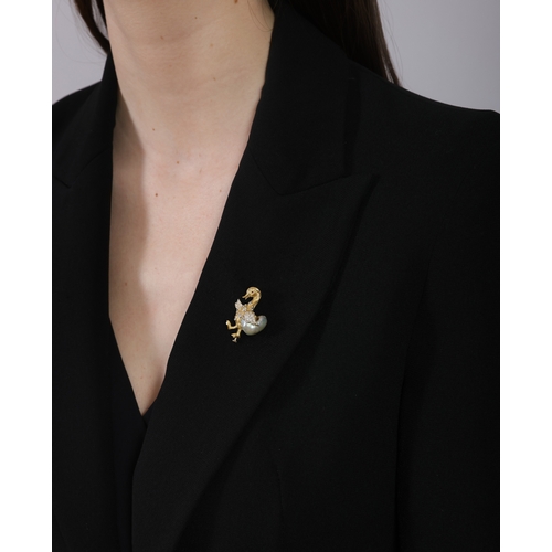 71 - FÜRST: A DIAMOND, CULTURED PEARL AND RUBY NOVELTY BROOCH  Modelled as a duck, its tail set with a ba... 