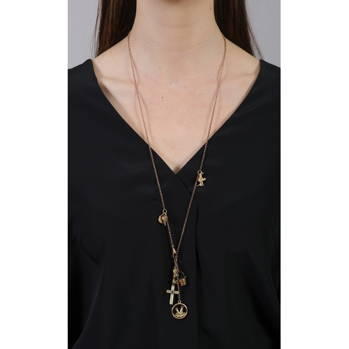 85 - A GOLD CHARM NECKLACE  Composed of a cable-link chain with swivel clasp, suspending various charms s... 