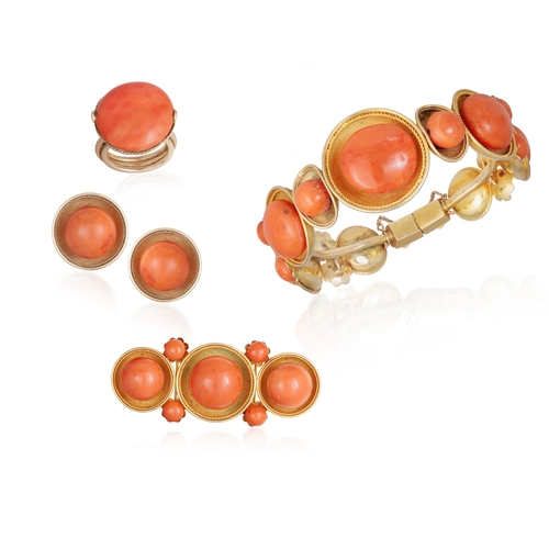 92 - A CORAL DEMI PARURE AND A NECKLACE  Comprising: a hinged bangle, a brooch, a pair of ear clips and a... 