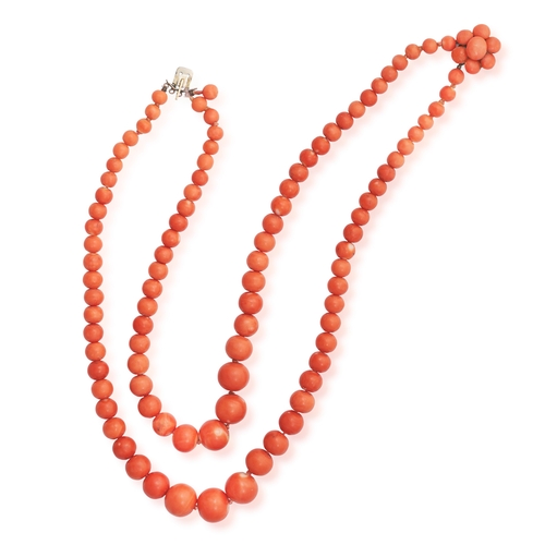 92 - A CORAL DEMI PARURE AND A NECKLACE  Comprising: a hinged bangle, a brooch, a pair of ear clips and a... 