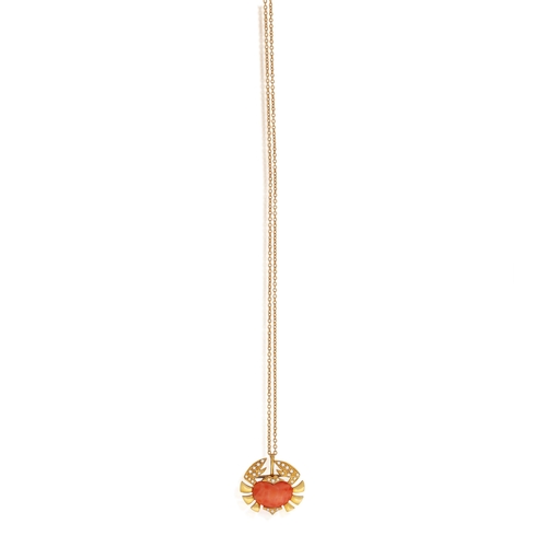 93 - A CORAL AND DIAMOND BROOCH/PENDANT ON CHAIN  Designed as a stylised crab, the shell set with a heart... 