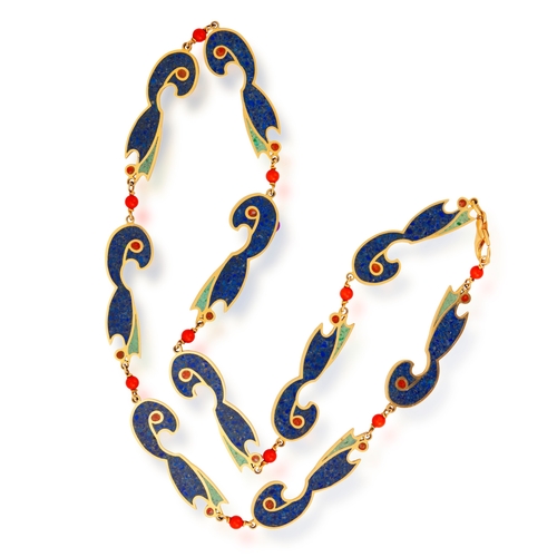 94 - A LAPIS LAZULI, TURQUOISE AND CORAL NECKLACE  Designed as a continuous row of fancy-shaped motifs, i... 