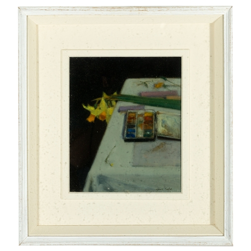 112 - James English RHA (B.1946)  Studio Table with Paint Box (2008)  Oil on board, 30 x 25cm (11¾ x 9¾'')... 