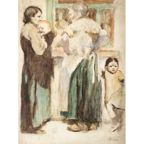 19 - William Conor RUA RHA (1881-1968)  Mother and Babies  Crayon, 49cm x 38cm, (19¼ x 15'')  Signed