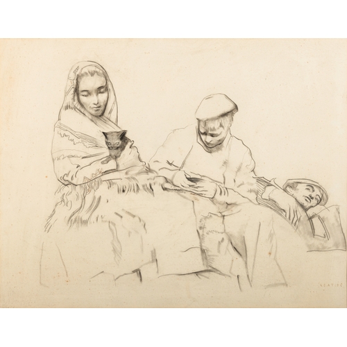 20 - Seán Keating PPRHA (1889 -1977)  Three Figures and a Cat  Pencil and charcoal, 40.5 x 52cm (16 x 20½... 