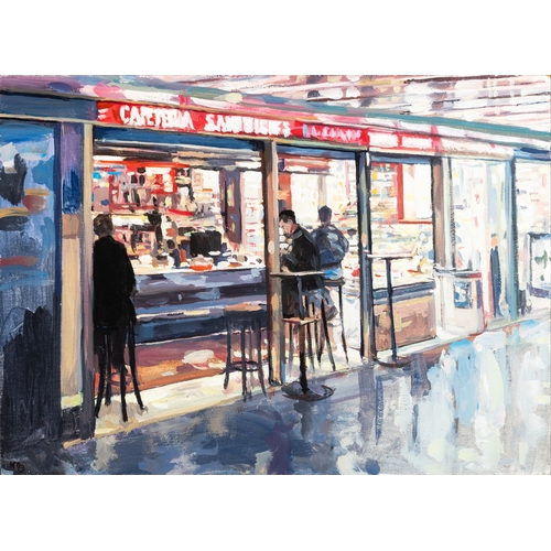 32 - Hector McDonnell (B.1947)  Sandwich Bar in Paris Metro  Oil on board, 24 x 33cm (9½ x 13'') Signed a... 