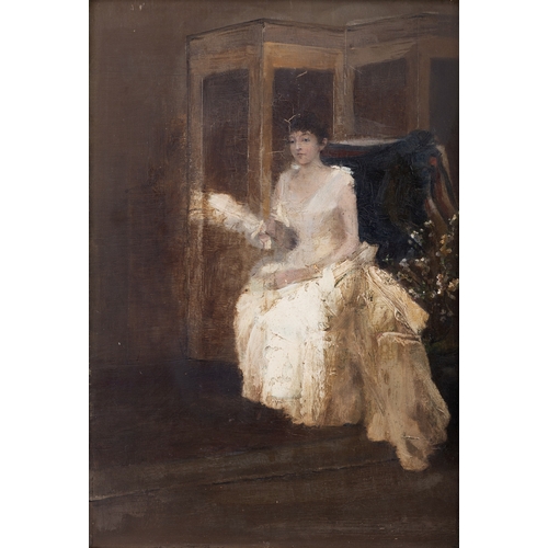 49 - Sir John Lavery RA RSA RHA (1856-1941)  Portrait Interior with Oriental Screen (c.1886)  Oil on pane... 