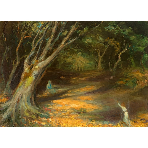 50 - George Russell AE (1867-1935)   Figures in a Sunlit Wooded Landscape Oil on canvas, 40cm x 55cm (15¾... 