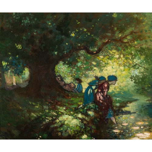 51 - George Russell AE (1867-1935)  Figures Beneath The Branch, Dappled in Sunlight Oil on canvas, 37cm x... 