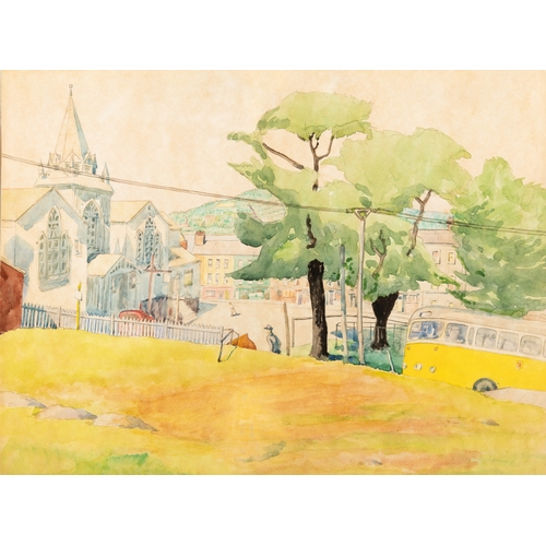 58 - Harry Kernoff RHA (1900-1974)  Village Scene with Church and Bus Watercolour, 27 x 35cm (10½ x 13¾''... 