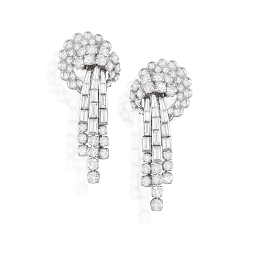 103 - A PAIR OF DIAMOND PENDENT CLIP EARRINGS, FRENCH, CIRCA 1955  Each surmount designed as a stylised sc... 